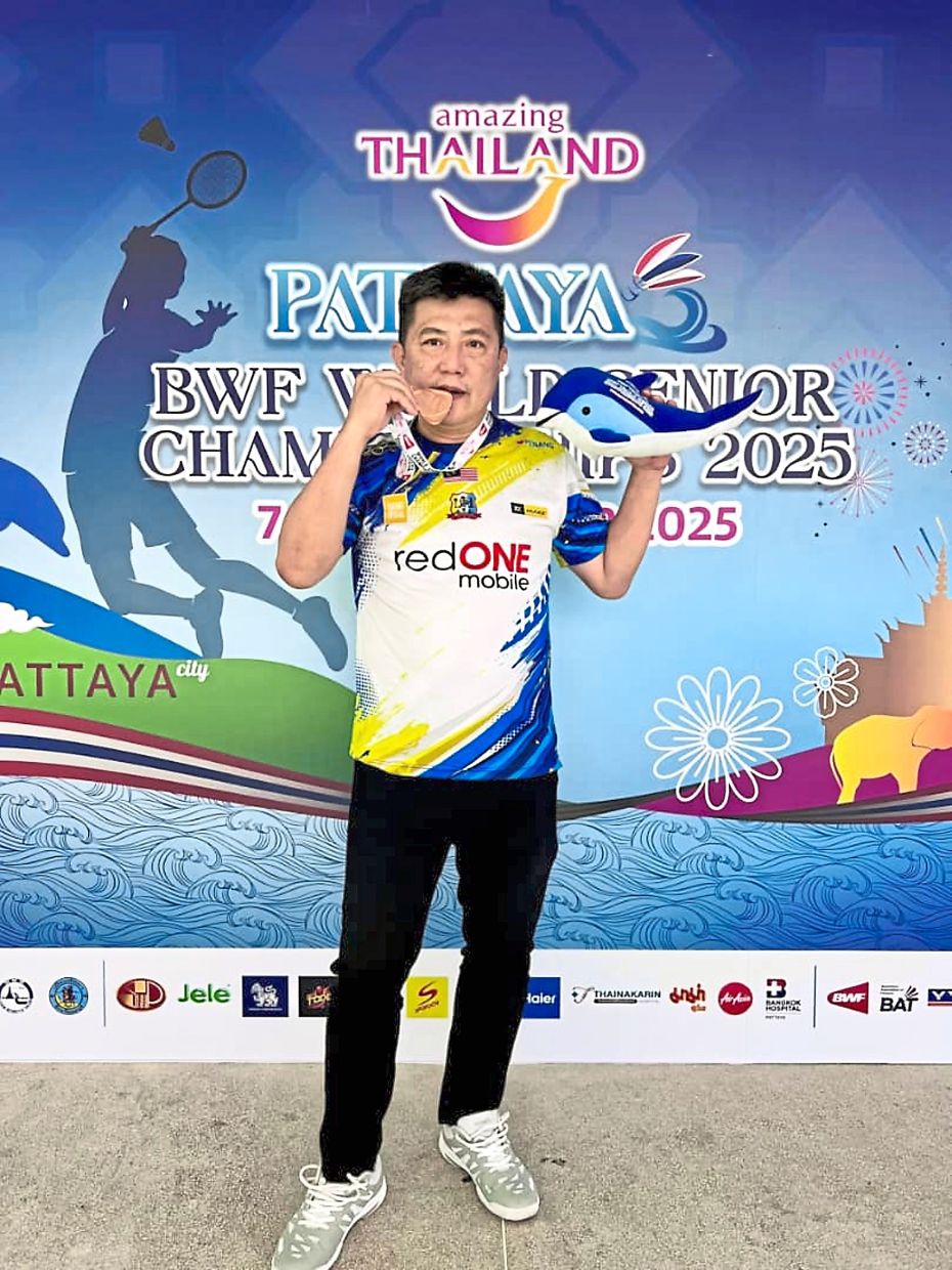 Ewe Hock with the bronze medal which he won in the men’s doubles category at the BWF World Senior Badminton Championships in Pattaya, Thailand, this year. The Penang player says he owes PBA for recognising his potential.
