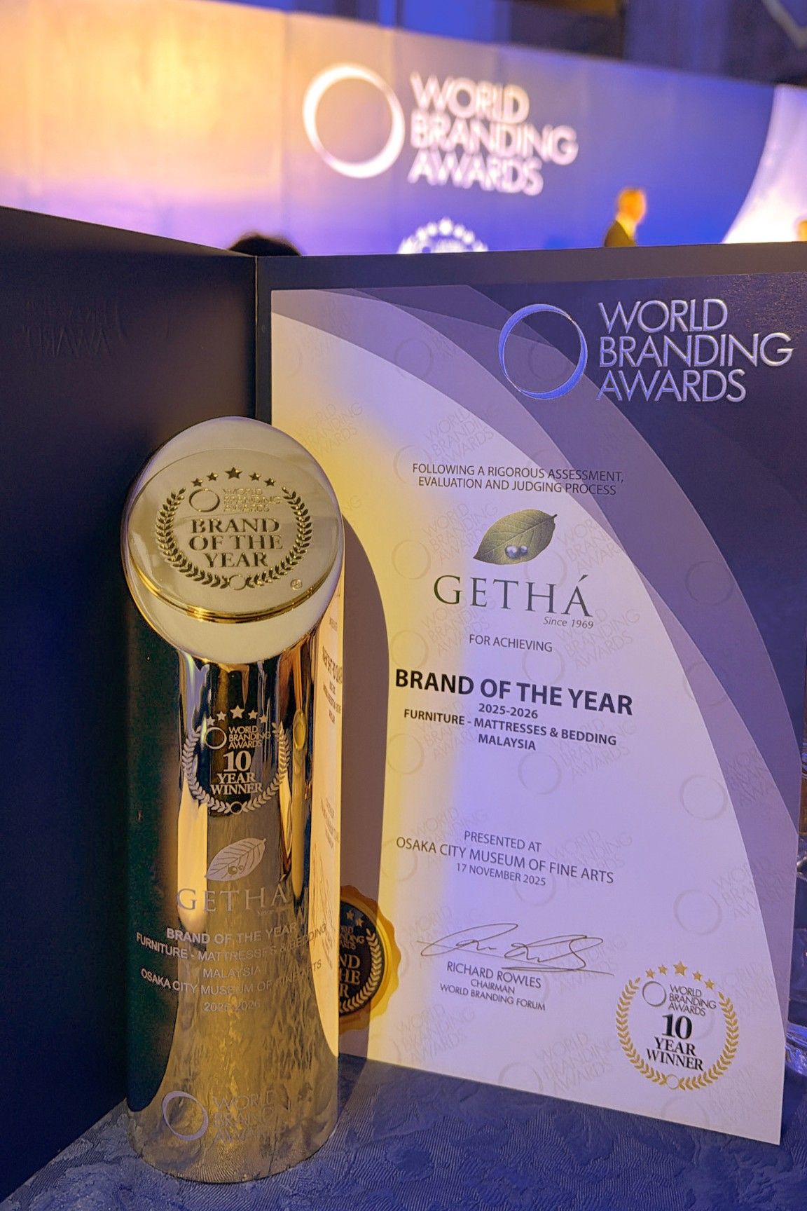 Getha was recognised as Brand of the Year in the Furniture, Mattresses and Bedding category, marking the tenth time since 2015 that the Malaysian brand has bagged the honour at the World Branding Awards.
