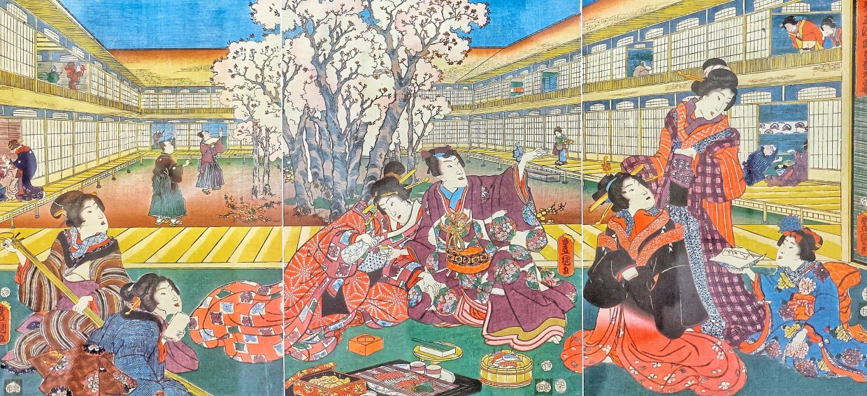 A reproduction of 'Genji Mitate Cherry Blossom Banquet' (1855), a Japanese ukiyo-e woodblock print by Utagawa Kunisada. Photo: JFKL