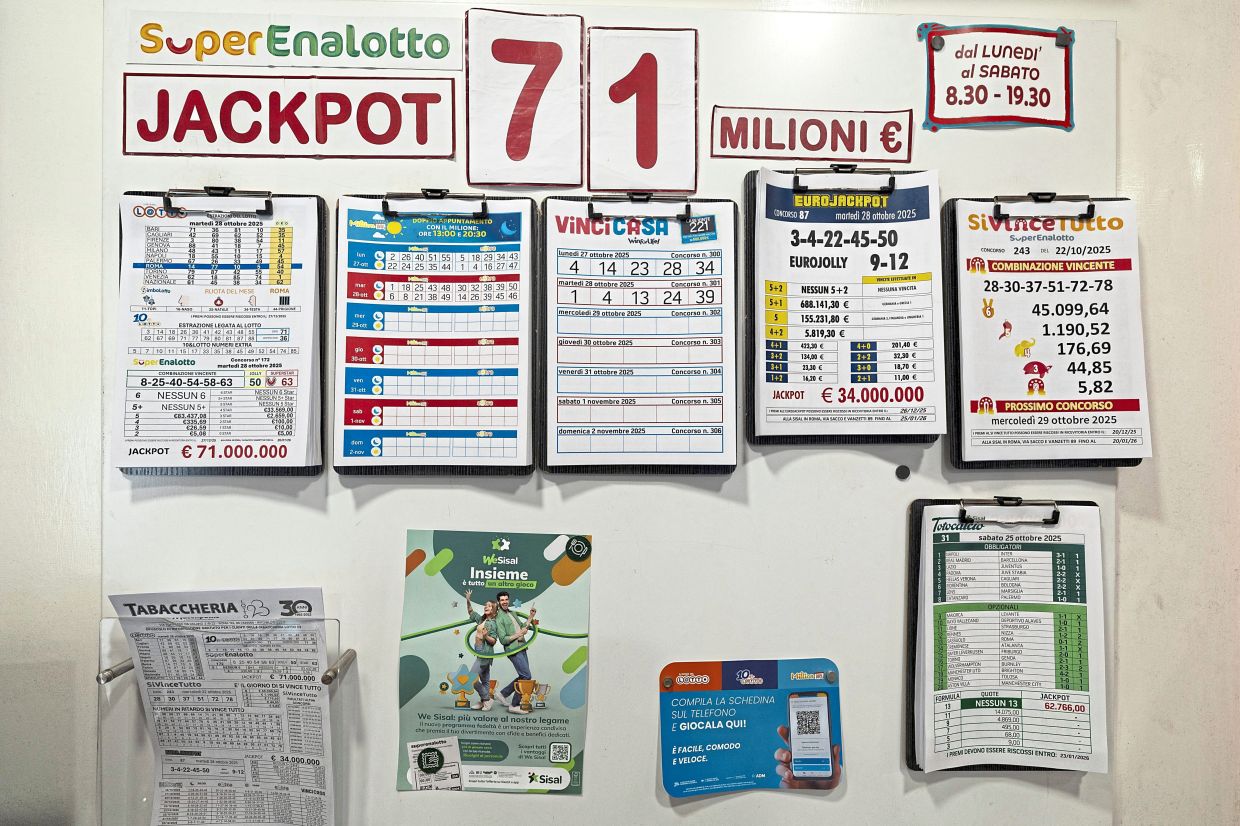 Lottery information on display at a shop in Rome, Italy. — Reuters