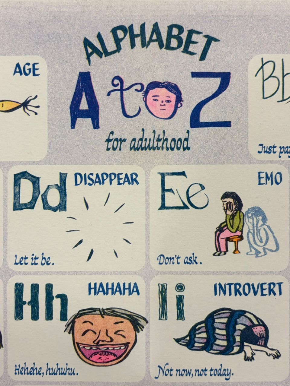 A close-up view of CC Kua and Hsin's collaborative risograph art print project for KLABF 2025 titled 'Alphabet A To Z For Adulthood'. Photo: Handout
