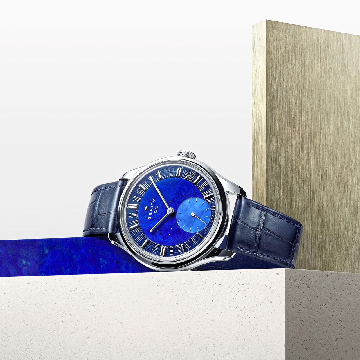 Zenith’s G.F.J. Calibre 135 contrasts a lapis lazuli dial with platinum bezel.