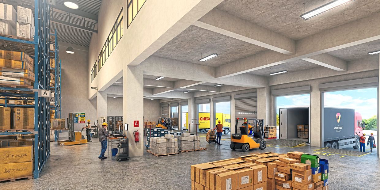 An artist’s impression of the warehouse interiors. Each warehouse includes a mezzanine office with its own lift access, keeping administrative areas separate from logistics traffic.