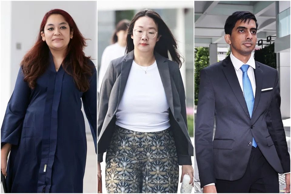 (From left) Former WP MP Raeesah Khan and former WP cadres Loh Pei Ying and Yudhishthra Nathan. - Photo: ST