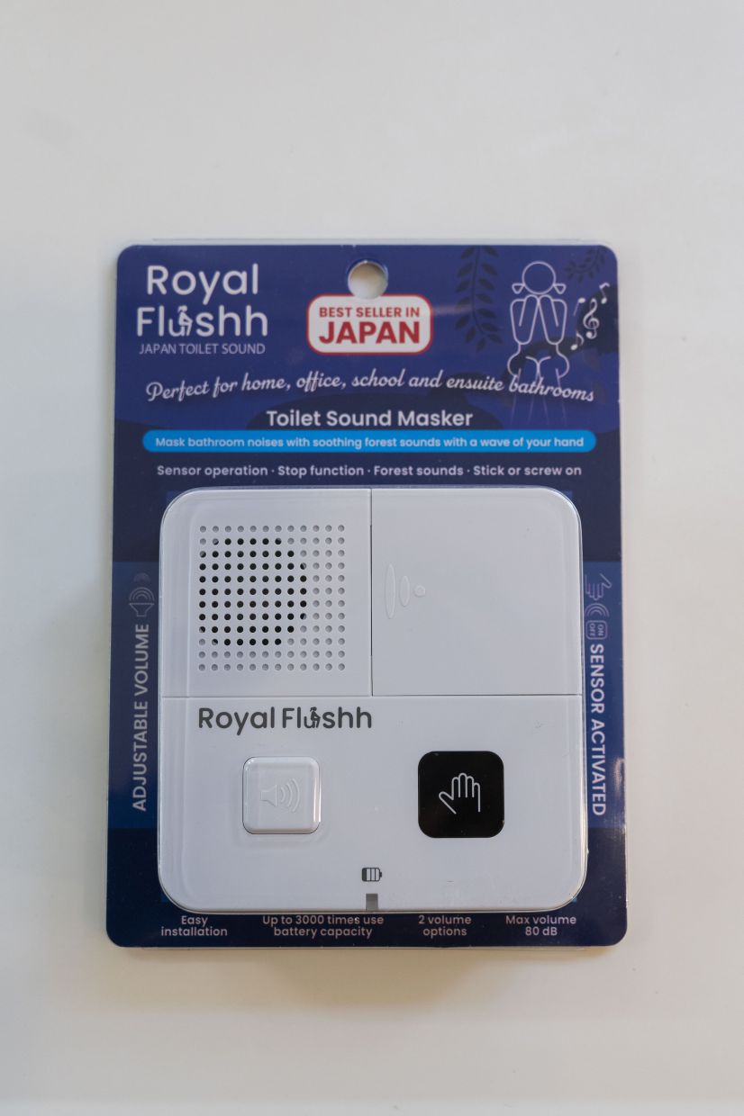 Donna Burke’s Royal Flushh device masks bathroom noises with “soothing forest sounds”, at her home in Tokyo on Nov. 20, 2025. Devices that conceal unwanted noises are the next frontier in advanced toilet technology. — Hiroko Masuike/The New York Times