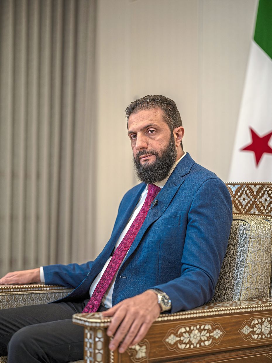 President al-Sharaa of Syria in Damascus in April, 2025. He once worked under al-Baghdadi, leader of the Islamic State global network, but broke with him around 2013. —Daniel Berehulak/The New York Times