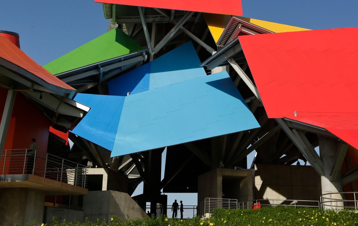 A view of the Biomuseo, designed by world-renowned architect Frank Gehry, in Panama City, Sept. 27, 2014. – AP Photo/Arnulfo Franco