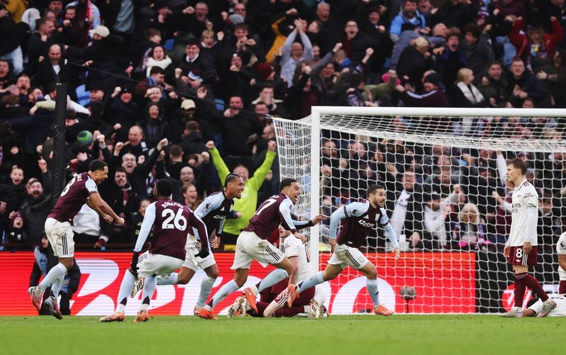 Soccer-Aston Villa give Arsenal title reality check, Man City close gap to two points