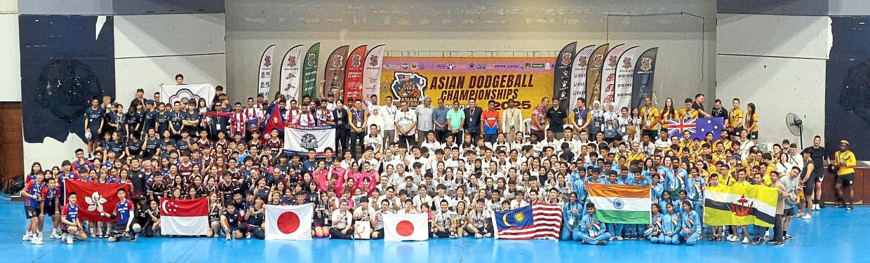 A group shot of teams at the Asian Dodgeball Championships 2025 at Kombes in Shah Alam, Selangor. — Photos: CHAN TAK KONG/The Star