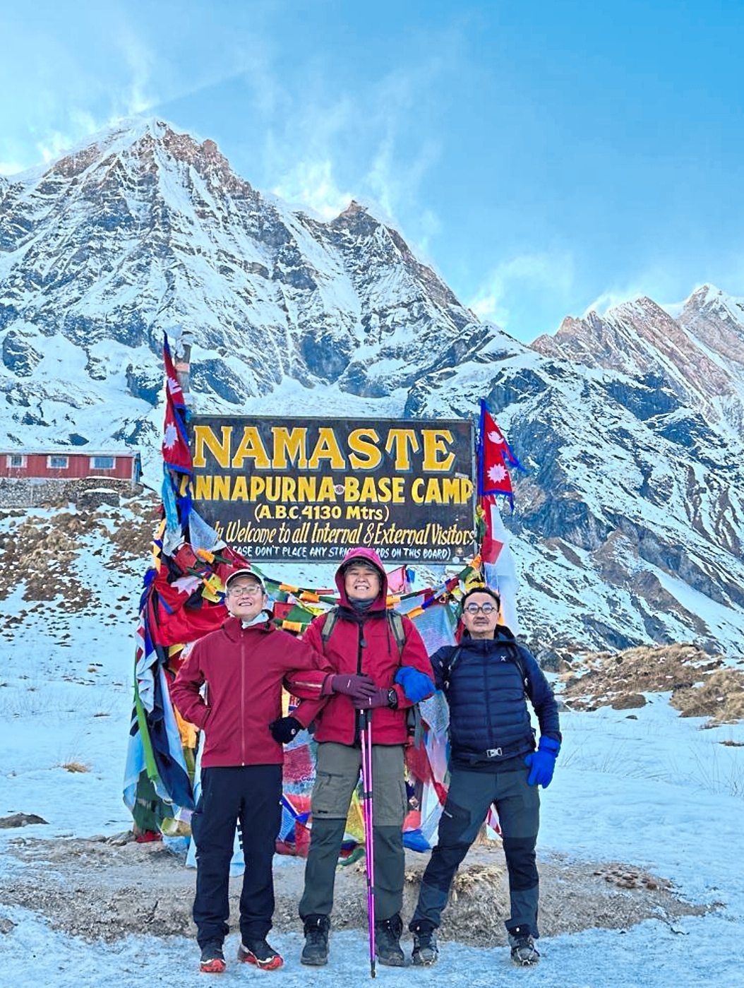 The writer (first from right) fulfilled his childhood dream to roam around the snowy Himalayas together with his lifelong friends Teh (first from left) and Ho (middle) in December 2023. He said the memorable experience was a testament to endurance and friendship. — Photos: OOI KOOI KEAT