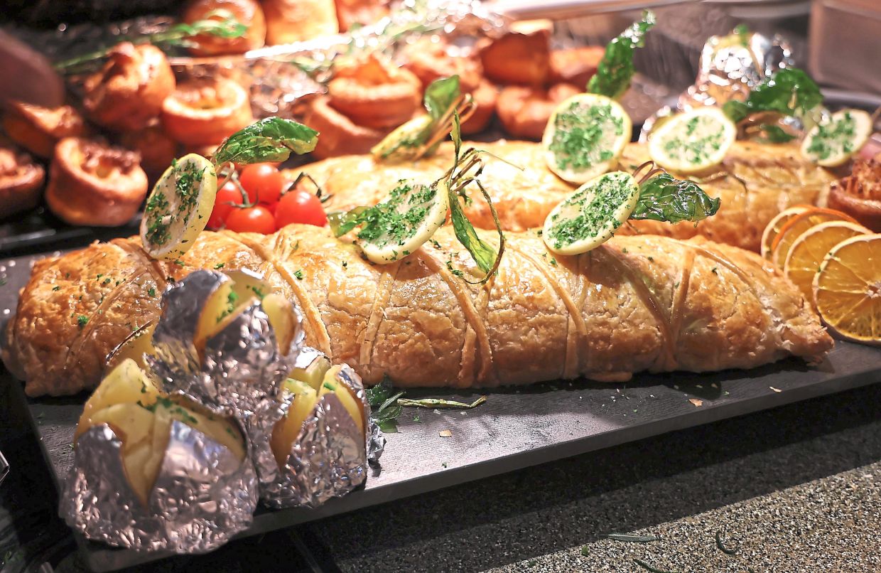 Baked Norwegian Salmon Coulibiac featuring four fillings.