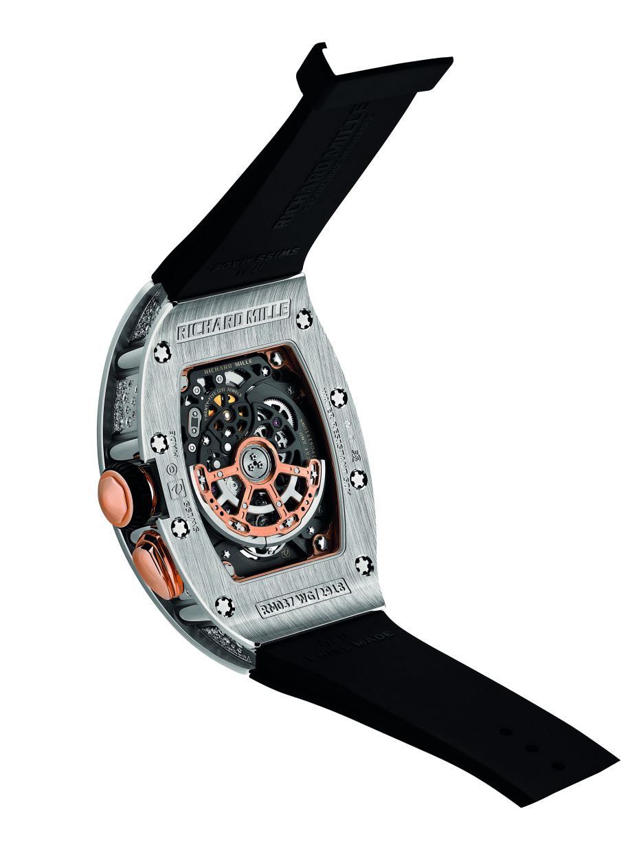 Calibre CRMA1 is a skeletonised automatic movement with hours, minutes, adjustable rotor geometry, oversize date and function selector.