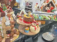 Christmas feast with roast turkey, baked lamb leg and crabs