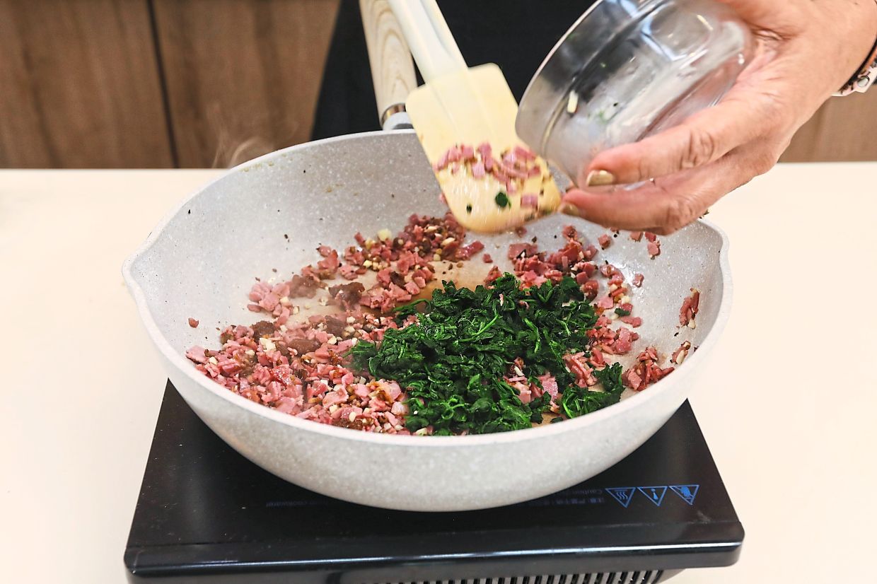 Stir-fry the chopped ingredients, then season with salt and pepper.