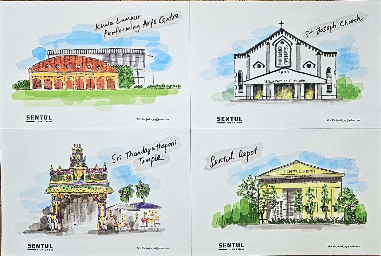 The postcard series features selected Sentul landmarks illustrated by Wu.