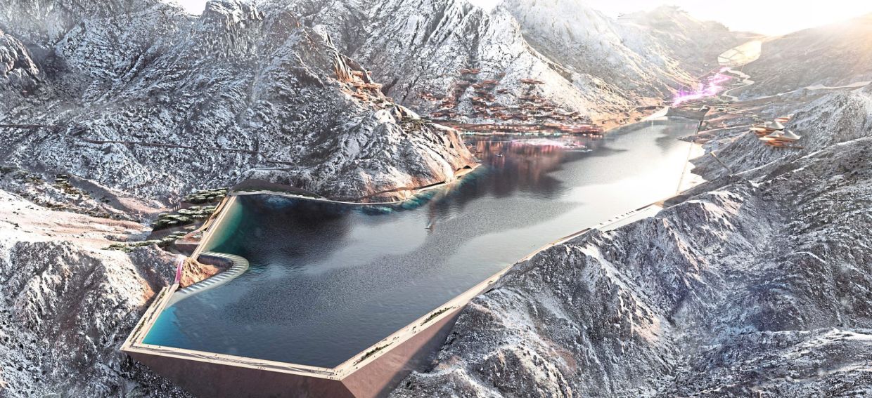 Vision 2030 is also seeing the construction of the Red Sea futuristic megacity Neom, which will feature green 500-metre tall parallel structures known as The Line (top) and mountain ski resort Trojena. Noem has been chosen as one of the venues to host the 2029 Asian Winter Games in the kingdom. — Handout design plans/NEOM/AFP