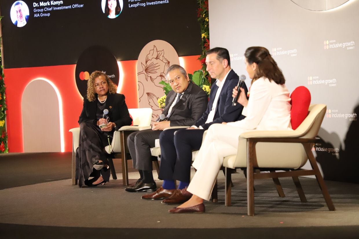 A busy year: Green (left) moderating a conversation on ‘New Capital Flows: Investing in Asean’s Future’ at Mastercard's 2025 Asean Inclusive Growth Summit on Oct 24, with Khazanah Nasional Berhad managing director Datuk Amirul Feisal Wan Zahir, AIA Group chief investment officer Mark Konyn, and Leapfrog Investments partner Fernanda Lima – who discussed how institutional investors, private equity, and philanthropic capital are joining forces to scale sustainable infrastructure and create quality jobs.