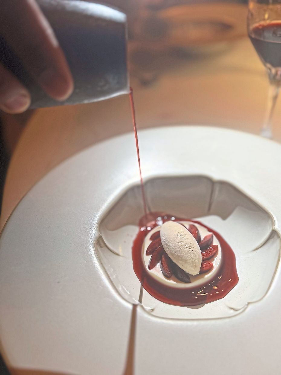 An elegant presentation of ‘bavarois’, almond yogurt ‘gelato’ and preserved seasonal fruits.