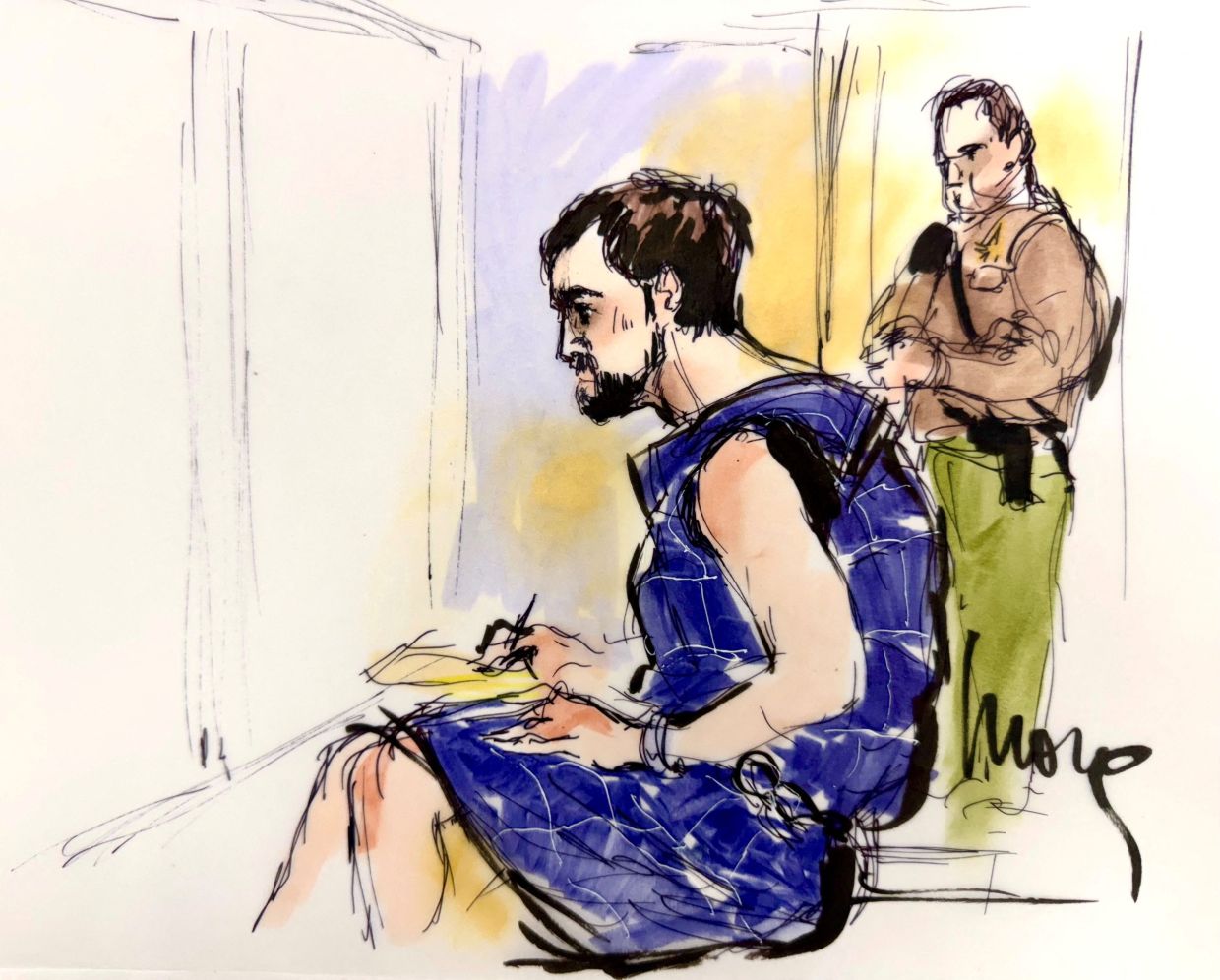 Nick Reiner, wearing a blue protective vest, makes his first court appearance on murder charges for the killing of his parents Rob and Michele Reiner, at LA Superior Court in Los Angeles, California, US, Dec 17, 2025 in this courtroom sketch. Photo: Reuters