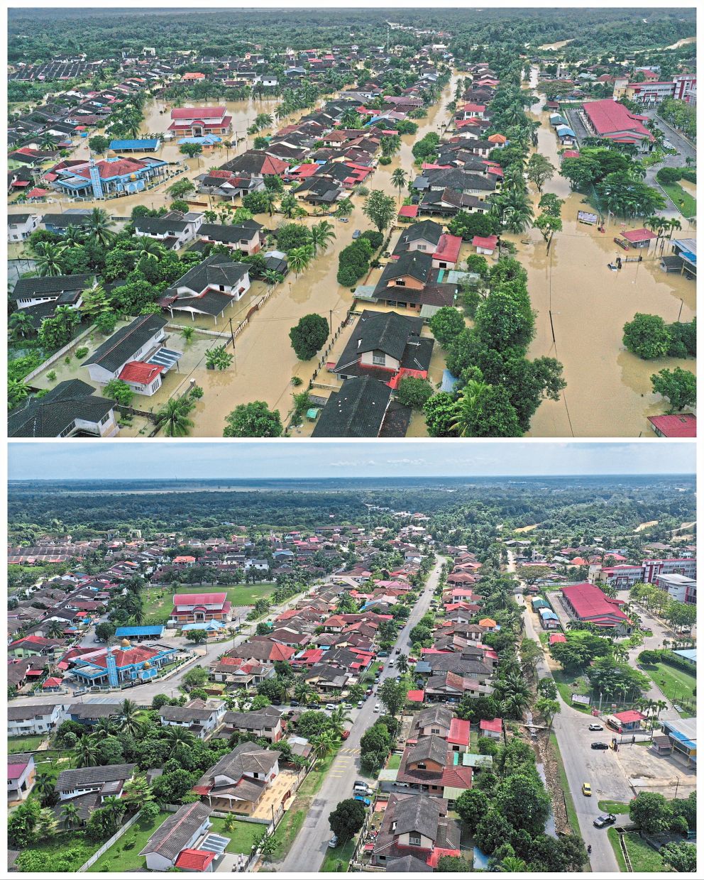 Before and after: The contrast in atmosphere between the flood (above) and post-flood scenes around Taman Guru in Kuantan. — Bernama