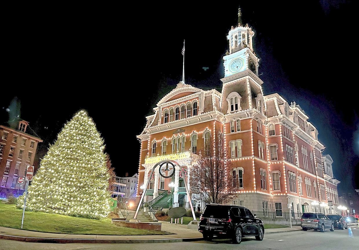 The Norwich City Hall all lit up earlier this month. Scenes from Sugar Plum Twist were filmed here.