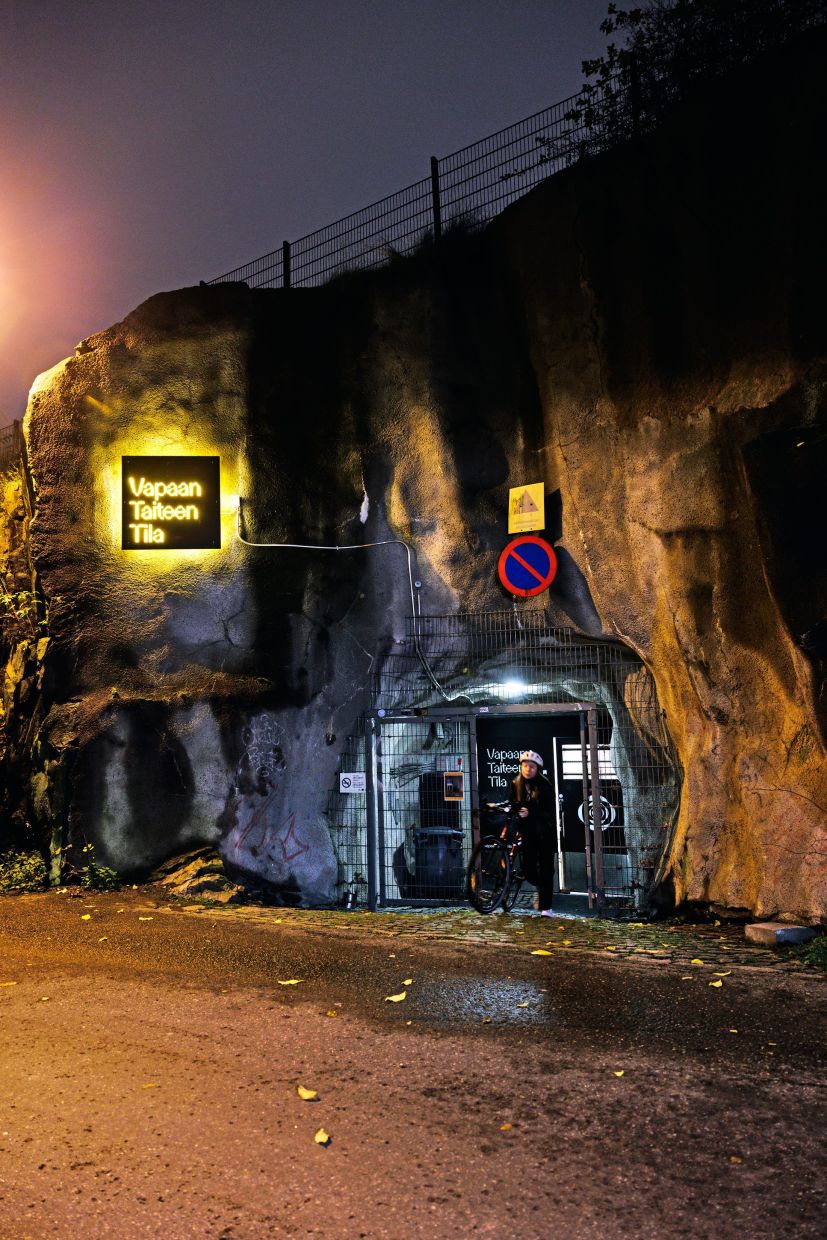 The entrance to Vapaan Taiteen Tila, an underground event space that hosts music performances, techno parties, theatre productions and art exhibitions.