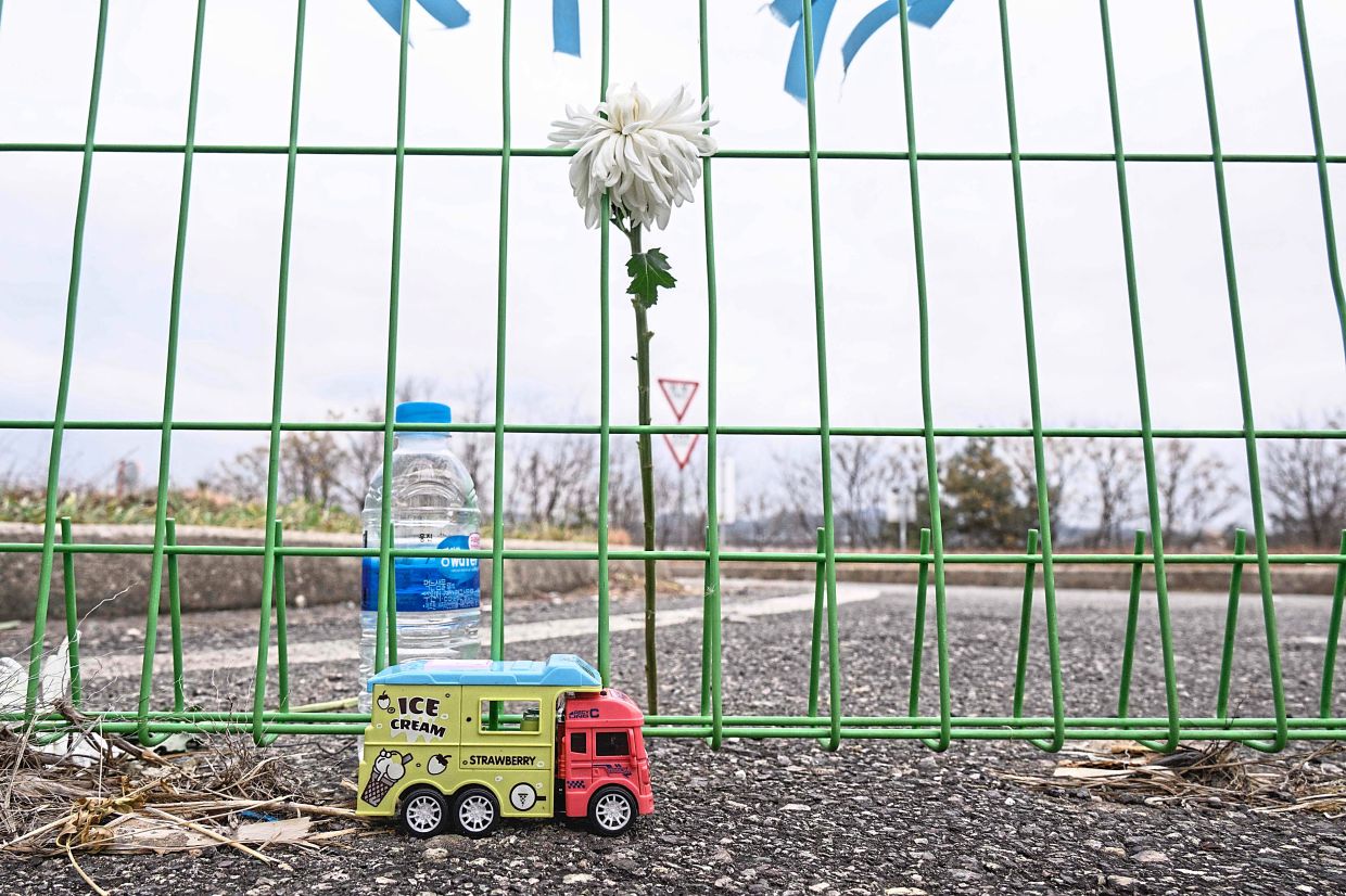 Never forgotten: Blue ribbons left in tribute on a fence above a white flower, a bottle of water and a toy truck, left as offerings, near a roadside area outside the end of the runway at Muan International Airport. — AFP