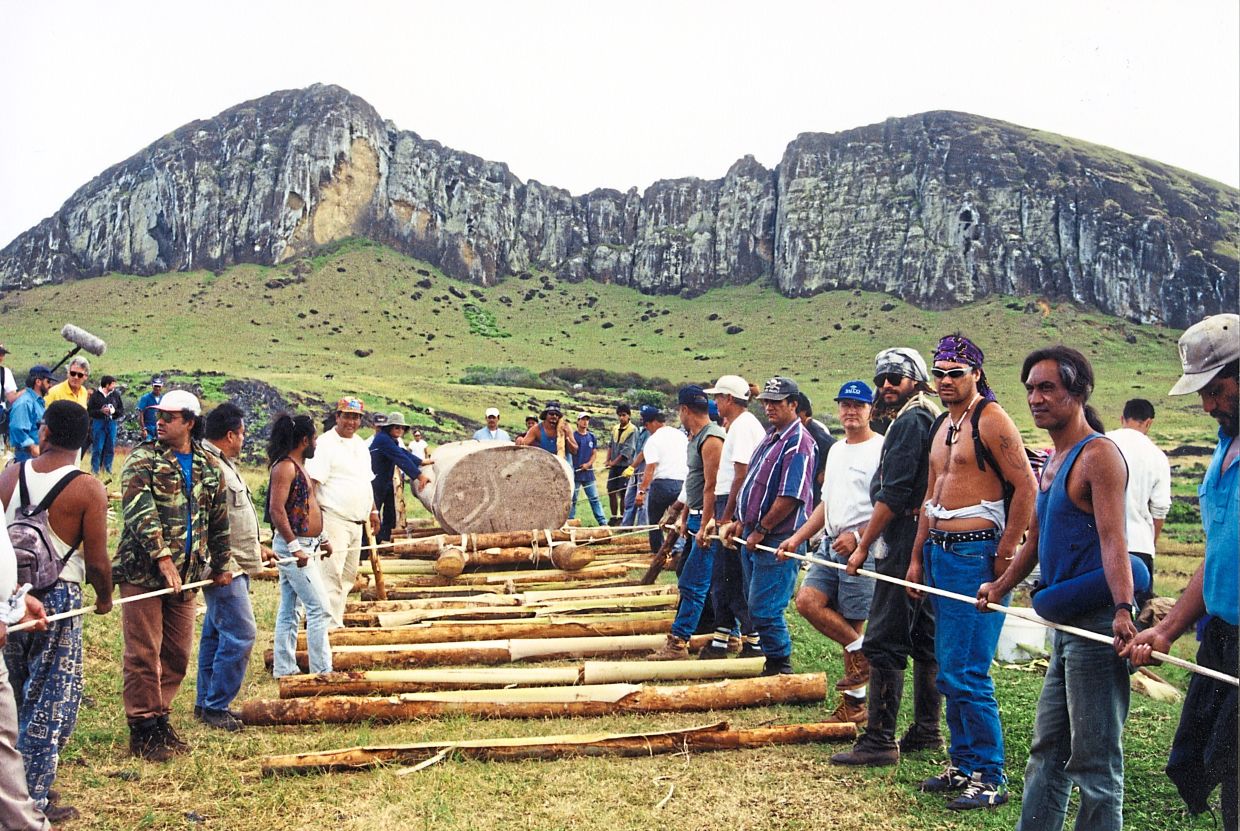 An image provided by Margie Ralston/Easter Island Statue Project showing project members with a moai replica on a transport sledge at Rapa Nui. — The New York Times