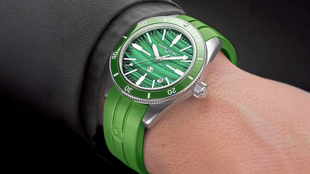 Favre Leuba’s Deep Raider Renaissance Malachite features vivid green tones and flowing concentric patterns