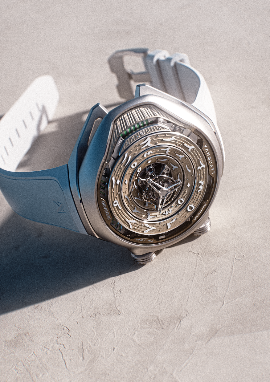 Vanguart’s Black Hole Arabic Numerals show the unique markings on a concentric, three-tier automaton dial.