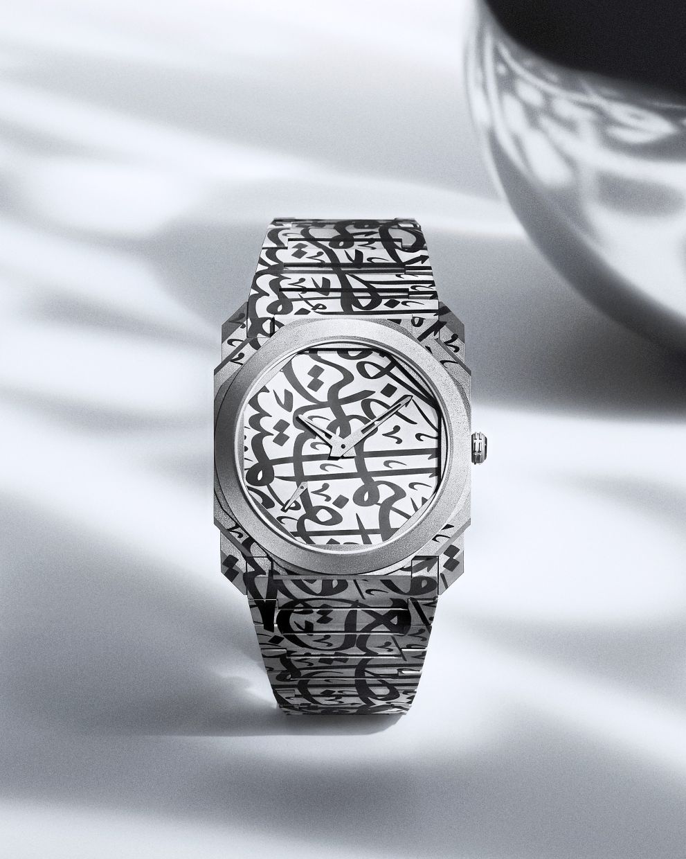 The Mattar Bin Lahej X Octo Finissimo by Bvlgari features laser-engraved Arabic calligraphy.