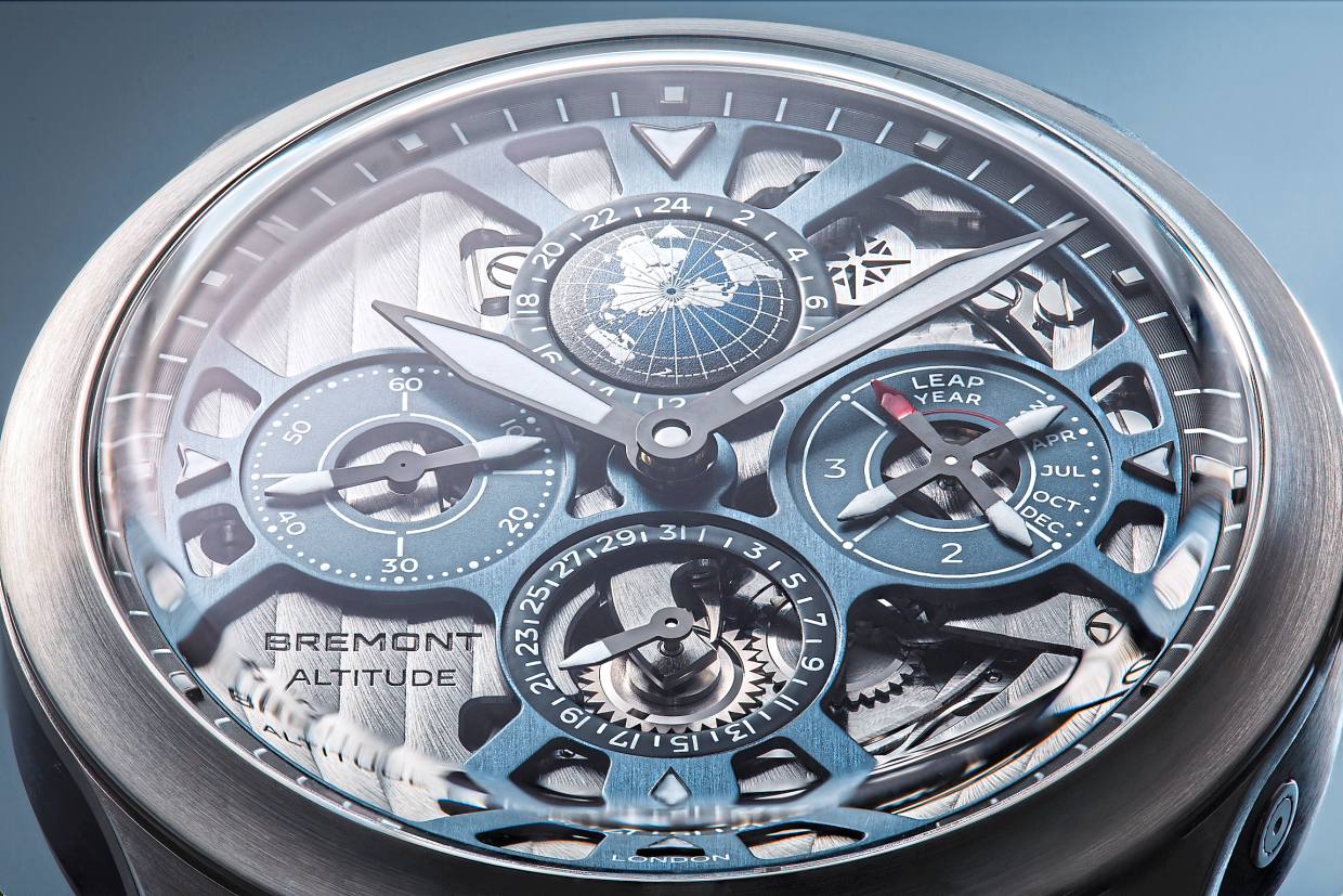 Bremont’s skeletonised Altitude Perpetual Calendar GMT Monopusher is a picture of complexity.