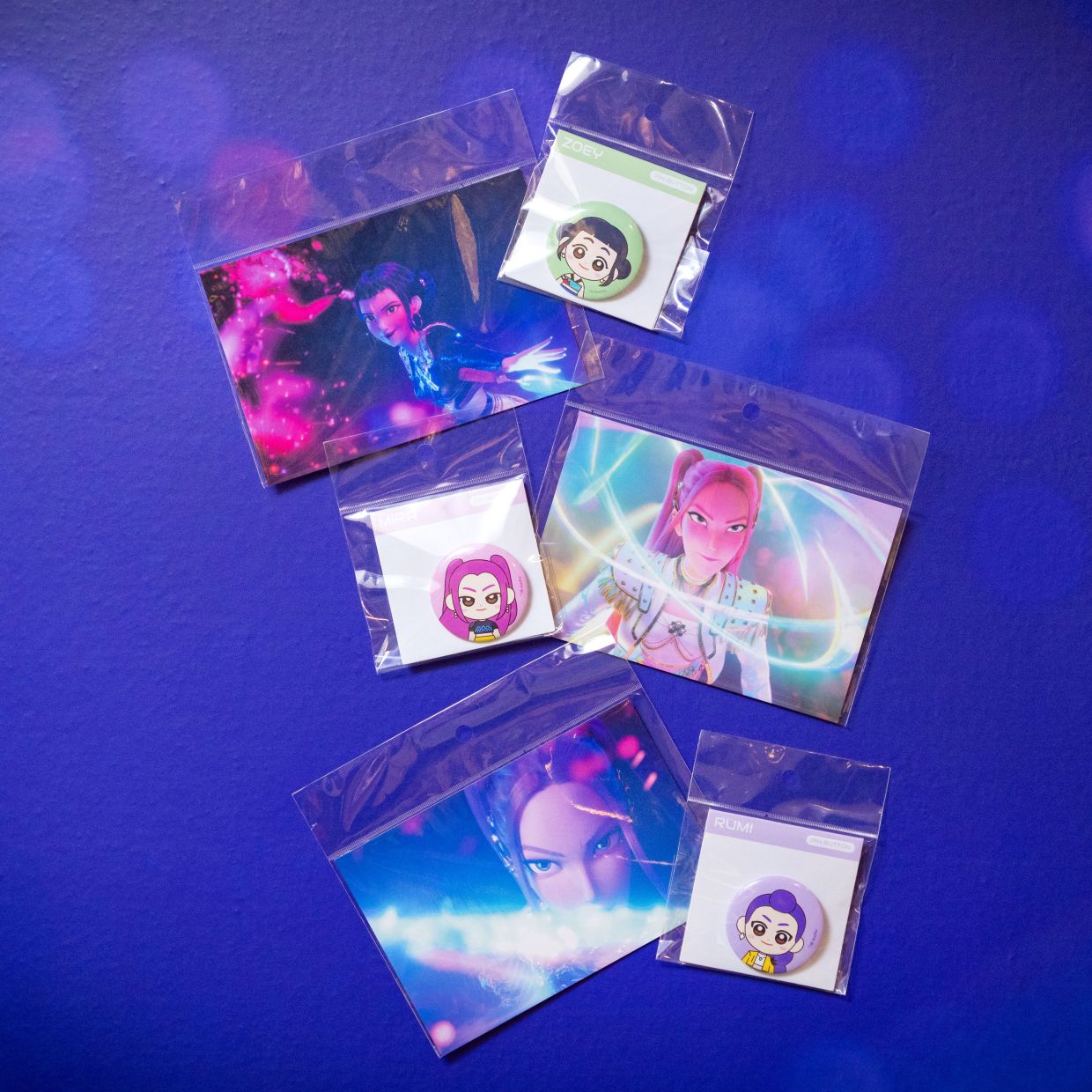 Postcards and button badges depicting characters of the movie. Photo: Handout