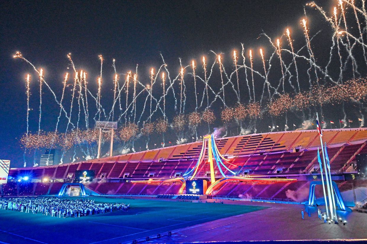 Fireworks marking the closing of SEA Games Thailand 2025 at Rajamangala National Stadium, Bangkok, in which Malaysia won 231 medals.