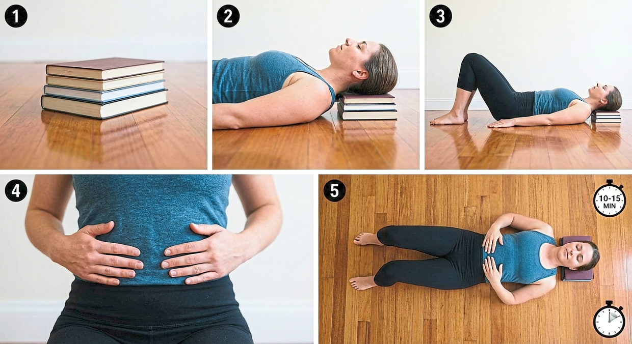 Semi-supine rest:1. Place a small stack of books (about 5cm high) on a firm floor. 2. Sit on the floor and gently roll your spine down until the back of your head rests on the books. Ensure your neck is free; too many books will jam your chin to your chest, while too few will strain the neck. 3. Bring your feet near your buttocks, keeping them flat on the floor. This ensures your lower back stays in contact with the floor without arching. 4. Place your hands lightly on your lower ribs, just above your waist. 5. Stay in this position for 10 to 15 minutes daily to allow your muscles and joints to release.