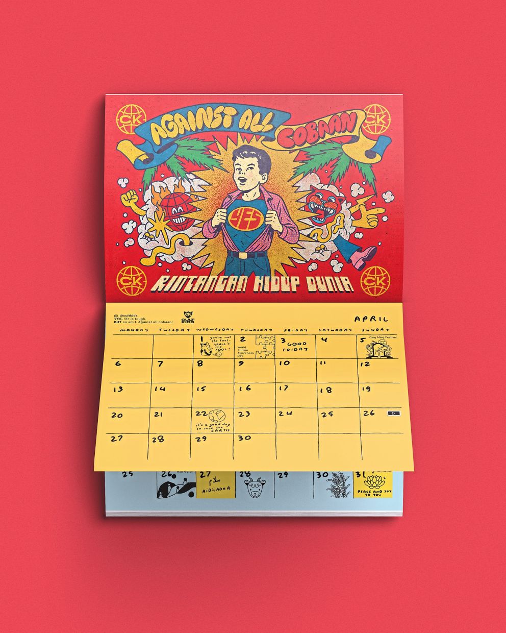 CultKids' artwork for the 2026 calendar, which says, 'Against all cobaan (challenges) and rintangan hidup dunia (the daily obstacles in life). Photo: CultKids