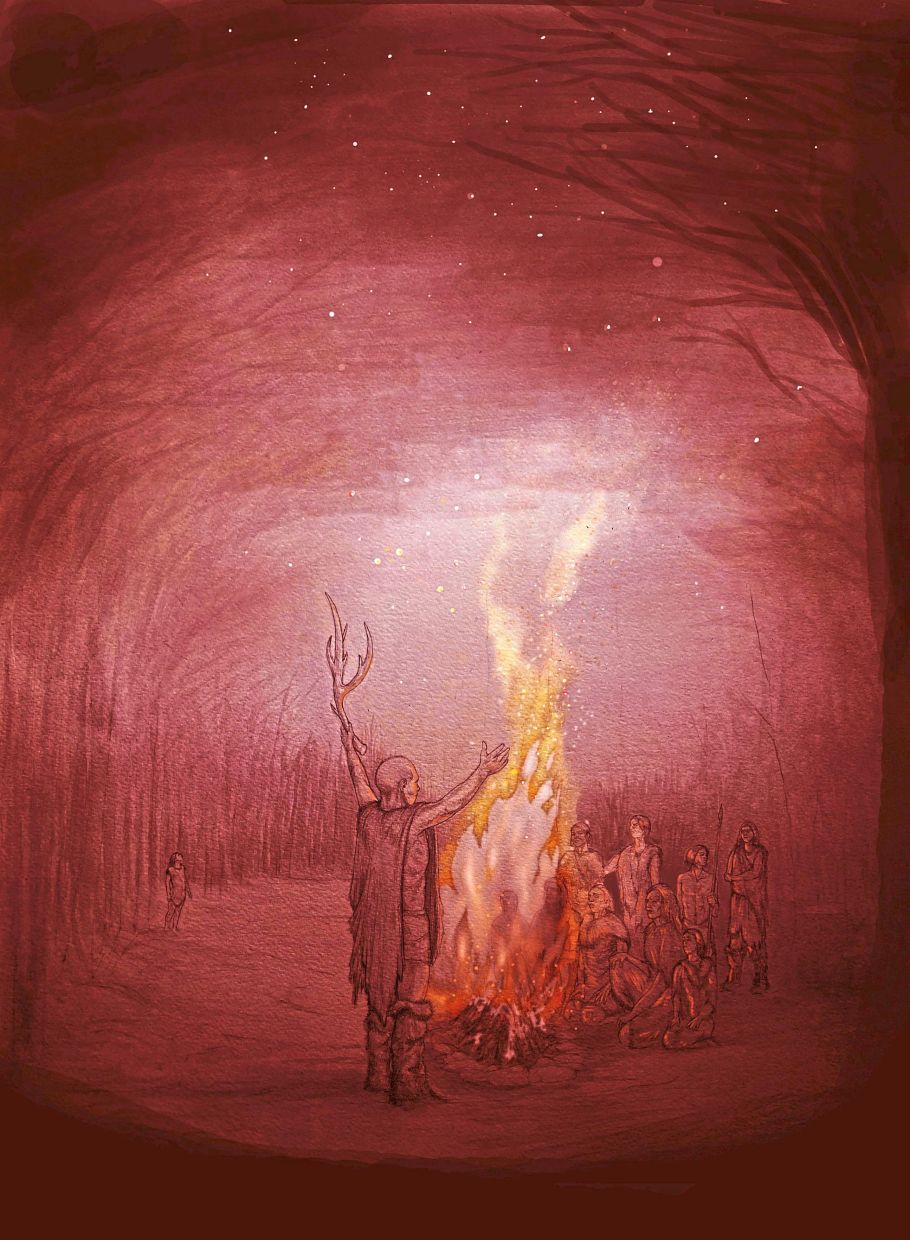 An artist’s impression shows a fire burning at an archaeological site near the village of Barnham around 400,000 years ago. – Reuters