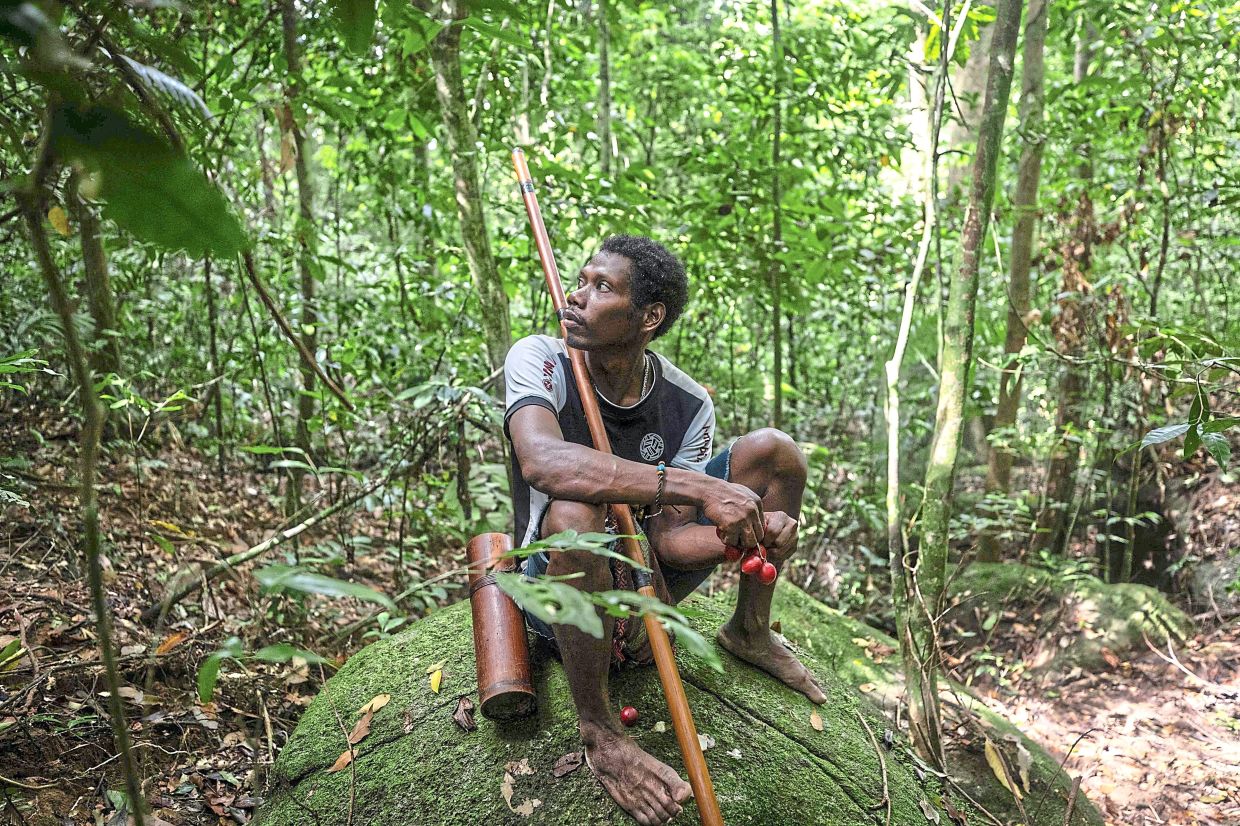 A Maniq man called Dom taking a rest on a rock and eating wild fruit during a hunting expedition in Phatthalung. — AFP