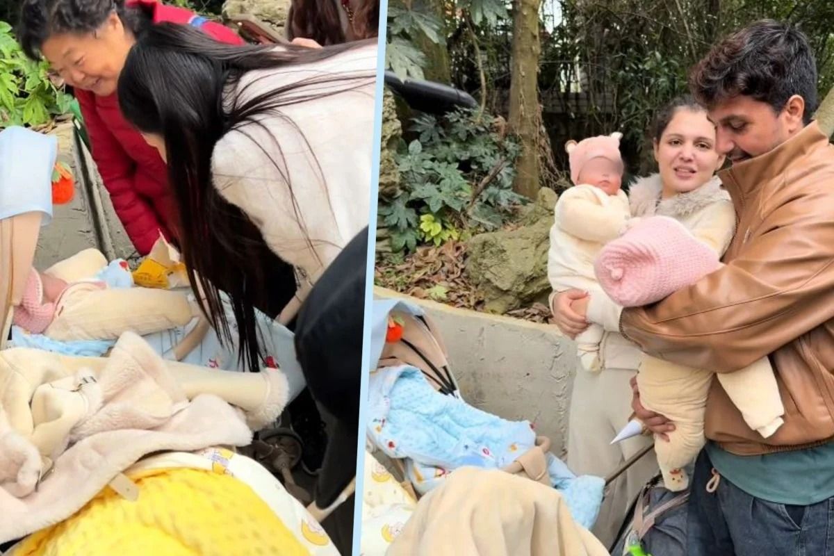 Tourist couple leave babies with China guard to explore; locals play with twins, change nappies