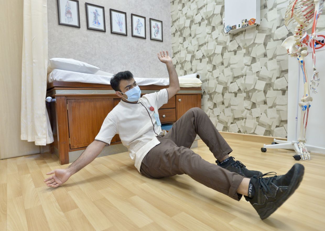 An older person usually falls on their buttocks, which can result in a hip fracture due to osteoporosis. — Photo posed by model