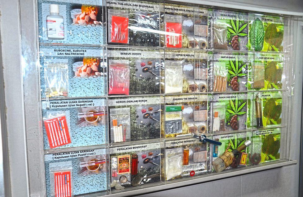 This exhibition panel at the Malaysian Crime Prevention Foundation shows some of the illegal drugs that are listed under the DDA and are regularly tested for.