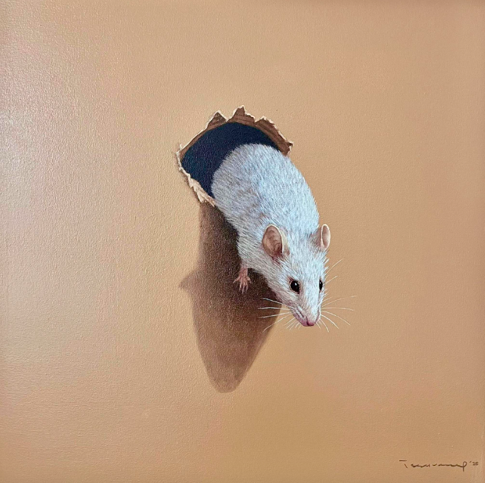 Issarezal Ismail's artwork 'Keluar Karung' (acrylic on canvas, 2025). Photo: Galeri Puteh