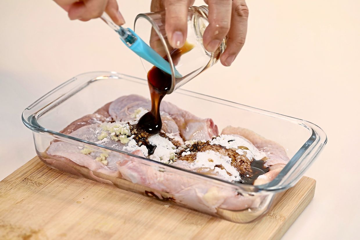 Marinate the chicken for at least 15 minutes.