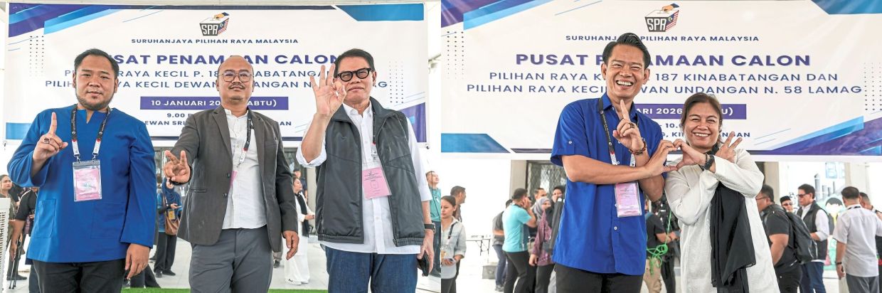 In the running: (From left) Mohd Naim Kurniawan, Goldam and Saddi are contesting for the Kinabatangan seat while Mohd Ismail will go head to head with Mazliwati in Lamag. — Bernama