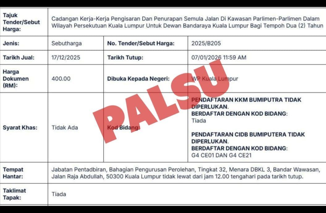 Quotation request for road works around Kuala Lumpur is fake, DBKL confirms