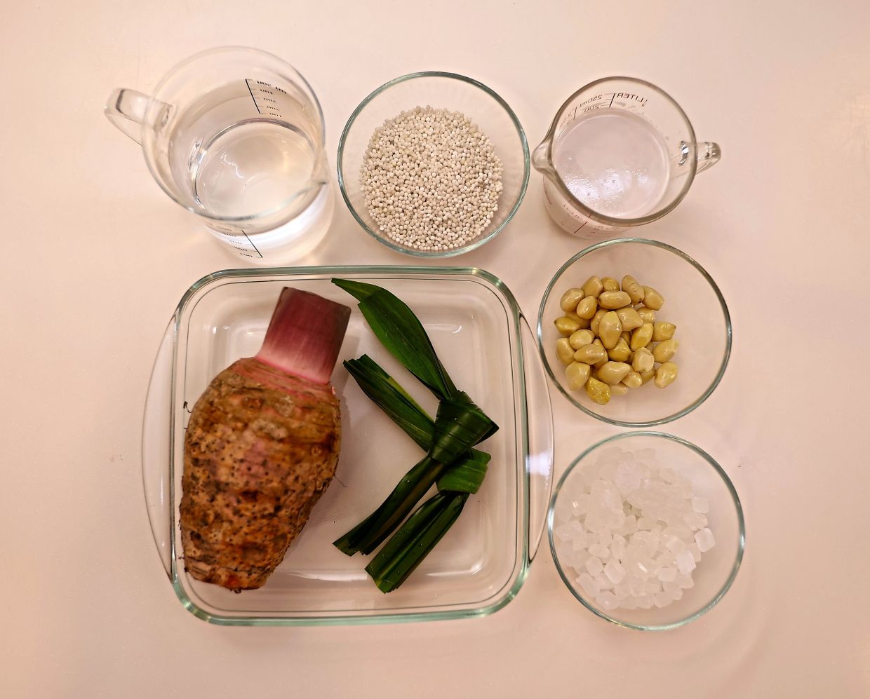 Bubur keladi’s main ingredients are taro (bottom left corner) and ginkgo seeds (far right centre).