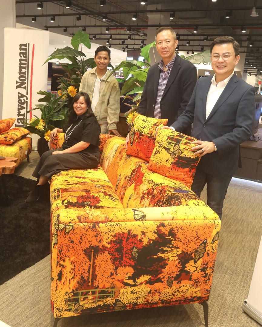(l-r) Toko Art Gallery managing director Farah Liyana, Malaysian contemporary artist Najib Ahmad Bamadhaj, Harvey Norman Malaysia furniture division general manager Mark Mah and chief executive officer Jonathan Toh showing their newly launched Lakaran Malaysia furniture collection, which is only sold in selected Harvey Norman stores.