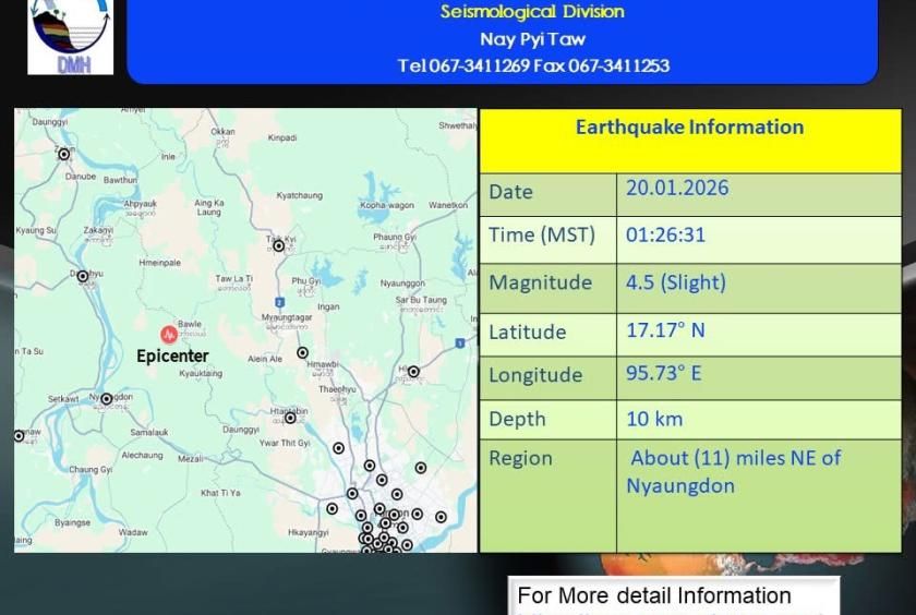 Magnitude 4.5 earthquakes strike near Nyaungdon and Yangon