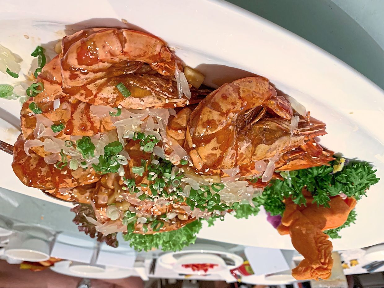 Pan-Fried Tiger Prawns with Honey Sauce and Pickled Ginger.