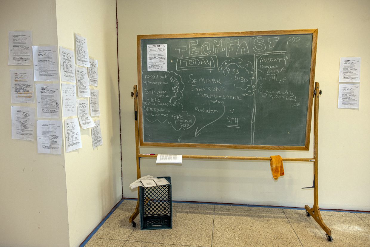 A chalkboard at St. John’s College in Santa Fe, N.M., set up on Dec. 7, 2025, to help with basic matters of communication, such as “Where are my friends?” — Nina Riggio/The New York Times